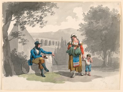 Kresba, Žena držící rukou chlapce, který prochází kolem muže sedícího mezi ruinami v Kampánii, 1807 od Bartolomeo Pinelli
