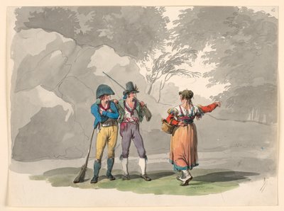 Kresba, Žena a dva muži se zbraněmi. Kostýmy Neapolského království, 1807-08 od Bartolomeo Pinelli