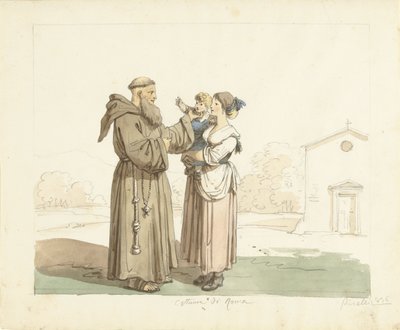 Mladá žena s dítětem stojící před mnichem od Bartolomeo Pinelli
