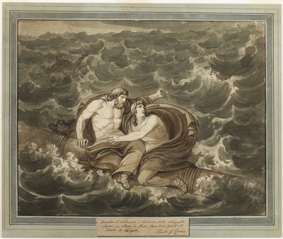 Mentor a Telemachus, kteří přežili bouři, jsou na stožáru odvedeni na ostrov Calypso, z Dobrodružství Telemacha, kniha 6 od Bartolomeo Pinelli