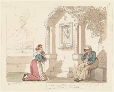 Neapolská žena se modlí k Panně Marii za svou nemocnou matku, ilustrace k knize „Římské kroje a zvyky“ od Bartolomeo Pinelli