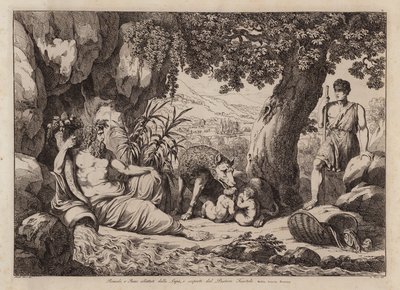 Romulus a Remus, které kojí vlčice a které objevil pastýř Faustulus (lept) od Bartolomeo Pinelli