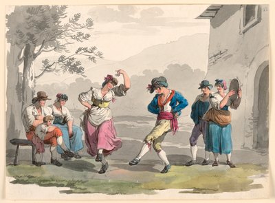 "Saltarello Romano," Tančící rolníci v sousedství Říma od Bartolomeo Pinelli