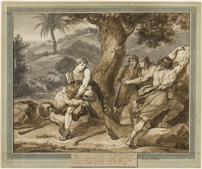 Telemachus bojuje se lvem, z The Adventures of Telemachus, kniha 2 od Bartolomeo Pinelli