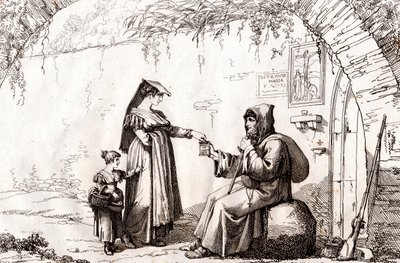 Žena z Frascati a poustevník, lept Bartolomeo Pinelli (Řím od Bartolomeo Pinelli