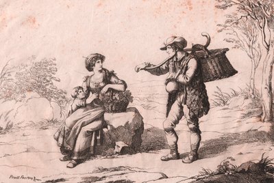 Žena z Pietra Terrazzana v tradičních krojích, Abruzzo a gioncataro (prodejce sýra caciotte), lept Bartolomeo Pinelli (Řím) od Bartolomeo Pinelli
