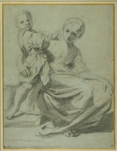 Matka a dítě (černá křída s hnědým praním na carta azzurra) od Bartolomeo Schedoni