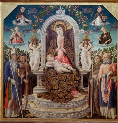 Panna s dítětem na trůnu obklopená svatým Augustinem, svatým Rochem, svatým Ludvíkem z Toulouse (Anjou), svatým Mikulášem z Myre a na nebi svatá Kateřina, svatá Dominika, svatý Petr mučedník (Verona) a svatá Marie Madeleine (Panna s dítětem vtip od Bartolomeo Vivarini