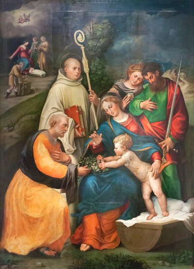 Svatá rodina se svatými Benediktem, Pavlem a Magdalenou od Bartolomeo called Bagnacavallo Ramenghi