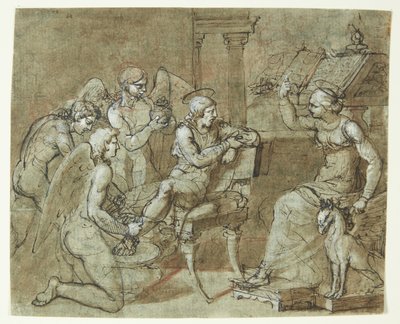 En mandlig helgen vaskes og plejes af engle, mens han lytter til en kvindelig helgen, der sidder foran en læsepult og peger opad. Den Hl.Sebastian hos den Hl.Irene?   1272462   cs       czech Successfully Translated  Original: Man bij kaarslicht The Comple od Bartolommeo Letterini