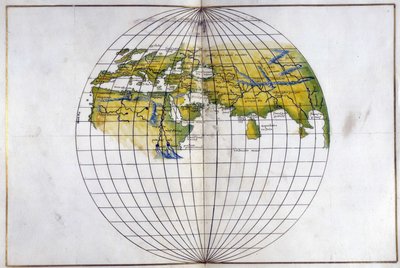 Eger. 2854. f.14v-15 Hemispheric map of the old World, from Europe and Africa to India; showing the divisions of Ptolemy, c.1540 (vellum)   1353677   cs       czech Successfully Translated  Original: The Good Shepherd Translat: The Good Shepherd 1300094 cs od Battista Agnese