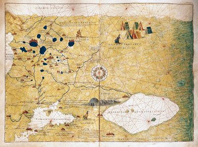 Moschoviae Tabula, mapa Ruska a evropských měst podél řeky Volhy od Battista Agnese