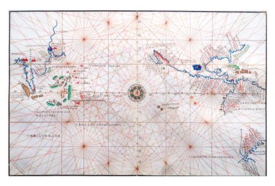 Navigační mapa ukazující Čínu, Cejlon a Filipíny a obratníky Raka a Kozoroha, kolem roku 1540 od Battista Agnese