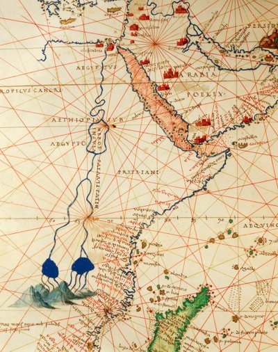 Indický oceán a část Asie a Afriky: tok řeky Nil, z Atlasu světa ve třiceti třech mapách, Battista Agnese od Battista Agnese