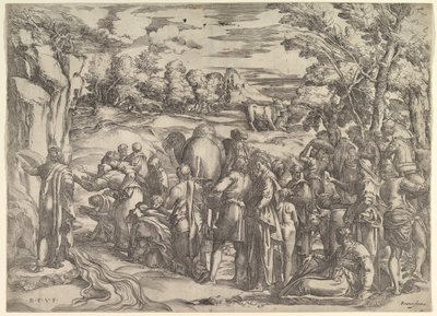 Mojžíš čerpající vodu ze skály, vlevo s tekoucí vodou, různé postavy a ..., ca. 1552-61. od Battista Franco Veneziano