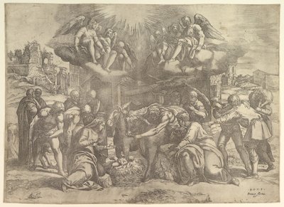 Klanění pastýřů s anděly nad hlavou, ca. 1530-61. od Battista Franco Veneziano