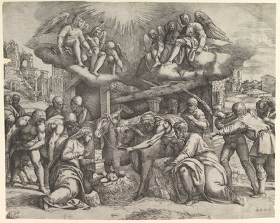 Klanění pastýřů s anděly nad hlavou, ca. 1530-61. od Battista Franco Veneziano