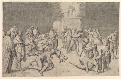 Pelištejci umístili Archu úmluvy do Dagonova chrámu, ca. 1540. od Battista Franco Veneziano