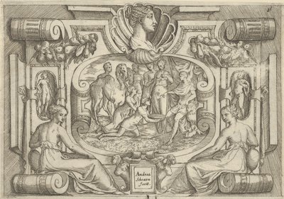 Muž a žena nabízející mísu mincí králi sedícímu na trůnu, zasazeném do..., ca. 1540-80. od Battista del Moro