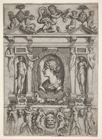 Busta ženy z profilu vlevo, zasazená do propracovaného rámu s postavami v n..., ca. 1540-80. od Battista del Moro