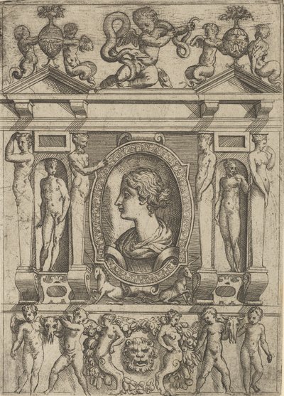 Busta ženy z profilu vlevo, zasazená do propracovaného rámu s postavami v n..., ca. 1540-80. od Battista del Moro