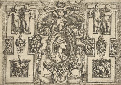Busta ženy z profilu vpravo, zasazená do propracovaného rámu s putti, ..., ca. 1540-80. od Battista del Moro