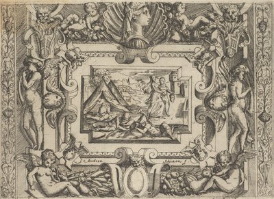 Judita a služebná s hlavou Holoferna, zasazená do propracovaného rámu, c..., cca 1540-80. od Battista del Moro