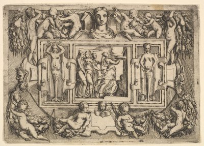 Kumejská sibyla kráčející doprava a nesoucí tác, následovaná třemi ženami..., ca. 1540-80. od Battista del Moro