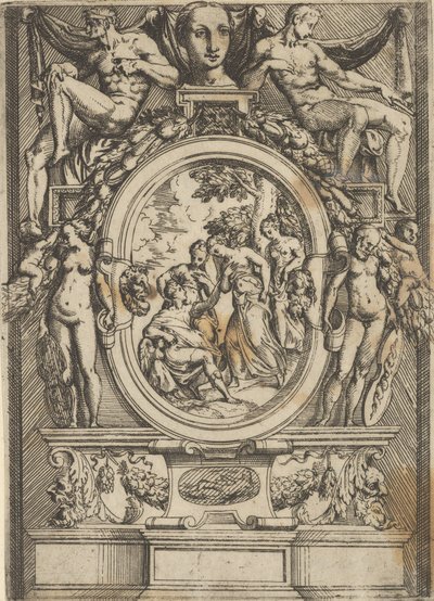 The Judgment of Paris, muž sedící vlevo se natahuje k ženě, která je lemována ..., ca. 1540-80. od Battista del Moro