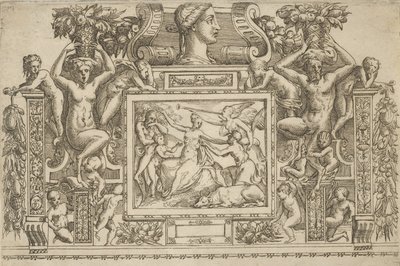 Žena sedící s nataženýma rukama, zosobnění slávy s trubkou vpravo,..., ca. 1540-80. od Battista del Moro