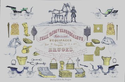 Reklama na Felix Van de Velde-Decaluwe, výrobce koňských povozů, Bruggy, Belgie (barevná litografie) od Belgian School