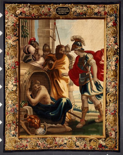 Diogenés a Alexandr: setkání řeckého filozofa Diogenése de Sinope (413-327 př. n. l.) v jeho sudu s králem Alexandrem Velikým (356-323 př. n. l.) v Korintu. Když se ho dobyvatel zeptal, co chce, Diogenés odpověděl: "Sundej mi trochu z mého slunce". Klepnět od Belgian School