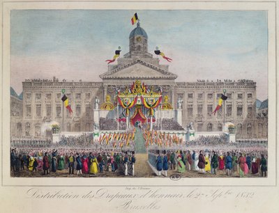 Rozdávání čestných vlajek v Bruselu 27. září 1832, 1832 (barevná rytina) od Belgian School