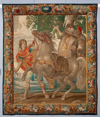 Král Alexandr Veliký zkrotí koně Bucefala. Gobelín vyrobený v bruselských manufakturách. 16. století Geny, Musei di Strada Nuova od Belgian School
