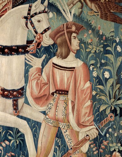 Středověk: počátek lovu sokola, na koni. Detail tapisérie z hedvábí a vlny z počátku 16. století. Z Hainaut. Paříž, Národní muzeum středověku, Thermes de Cluny od Belgian School