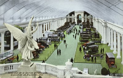 Pohlednice zobrazující motorová vozidla v britské části Exposition Universelle v Bruselu v roce 1910 od Belgian School