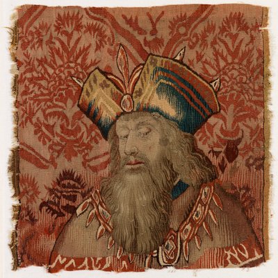 Gobelínový panel zobrazující hlavu kněze nebo krále, vyrobený pravděpodobně v Tournai v Belgii, možná na počátku 16. století (vlna) od Belgian School