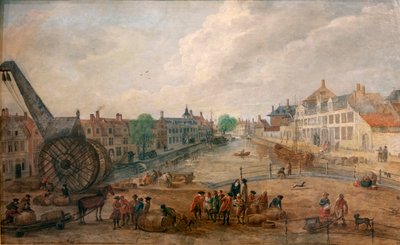 Pohled na Ghent Lievekaai a Augustijnenkaai s dřevěným jeřábem, kopie obrazu Engelberta van Siclerse z 18. století od Belgian School