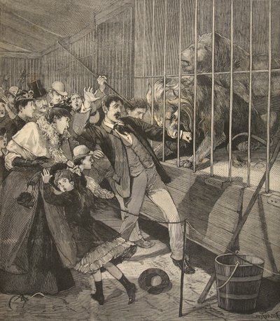 Návštěvník napaden lvem ve zvěřinci, z „Le Petit Parisien“, 12. dubna 1891 od Beltrand and Clair Guyot, E. Dete