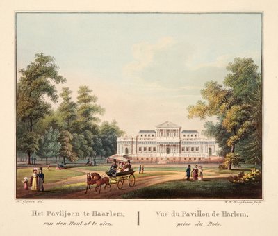 Pavilon v Jaarlemu, při pohledu z van den Hout. Vue du Pavillon de Harlem, prize du Bois, 1825 (ručně kolorovaná rytina) od Bendrik Greeven
