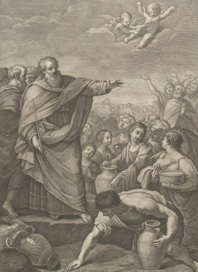 Mojžíš vlevo s Izraelity, kteří sbírají mannu, jak padá z nebe, dva andělé ab..., 1776 od Benedetto Eredi
