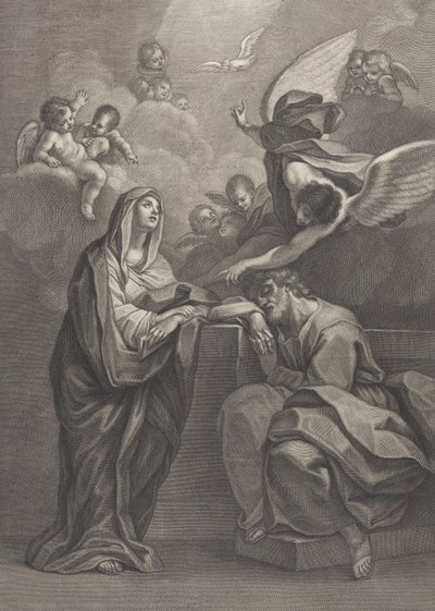 Deska 6: Sen svatého Josefa s Pannou Marií vlevo a andělem nahoře, který ukazuje ..., 1777 od Benedetto Eredi
