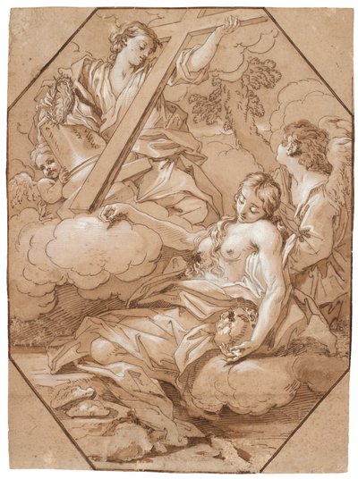 Extáze svaté Máří Magdalény, kolem 1715-19 (pero a inkoust s hnědým lavírováním, zesílený bílou, s osmihrannými orámovacími liniemi hnědého inkoustu na položeném papíře) od Benedetto Luti