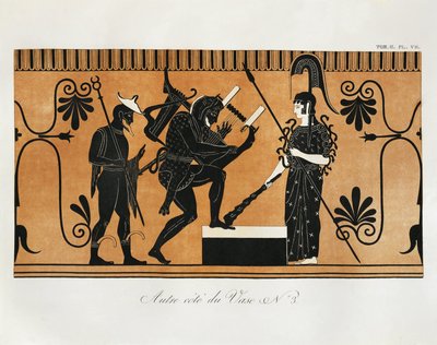 Scéna ze starořecké vázy s Héraklem hrajícím na lyru před Athénou a Hermem stojícím za ním, autor Piringer (podle řeckého originálu), rytina od Benedict or Benedikt Piringer