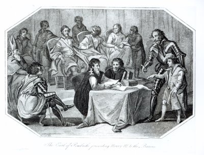 Hrabě z Pembroke představuje Jindřicha III. (1207-72) baronům, 1216 vyrytý Saundersem od Benezach