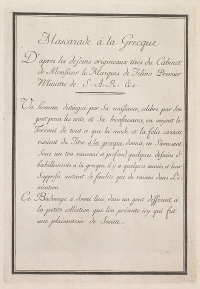 Řecká maškaráda: Deska titulní strany 1, 1771. od Benigno Bossi
