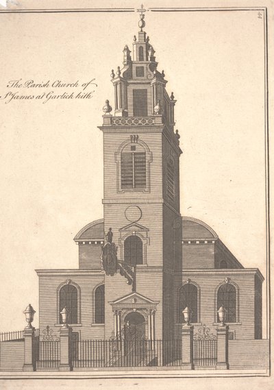 Farní kostel sv. Jakuba Garlickhythe, kolem roku 1750 (rytina) od Benjamin Cole