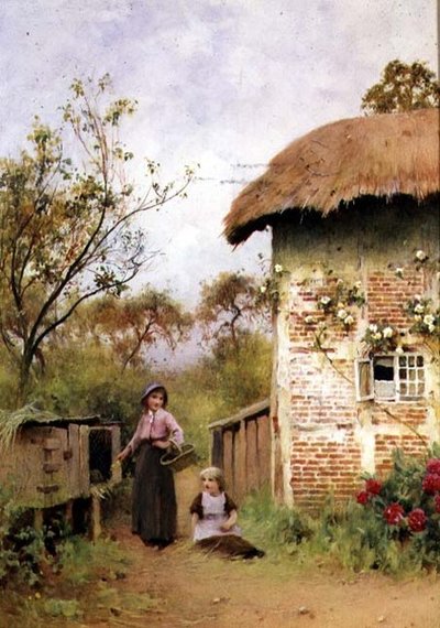 Krmení králíků (akvarel) od Benjamin D. Sigmund