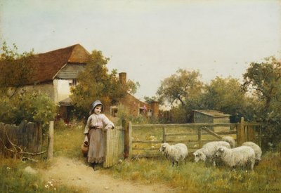 Mladá dívka s ovcemi, u chalupy od Benjamin D. Sigmund