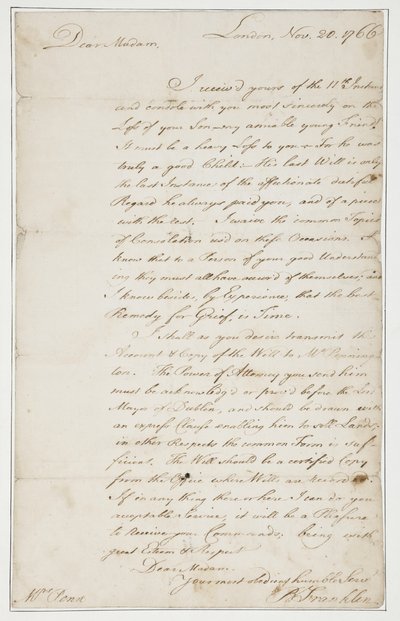 Autogram dopis paní Ann Pennové, Londýn, 20. listopadu 1766 (pero a inkoust na papíře) od Benjamin Franklin